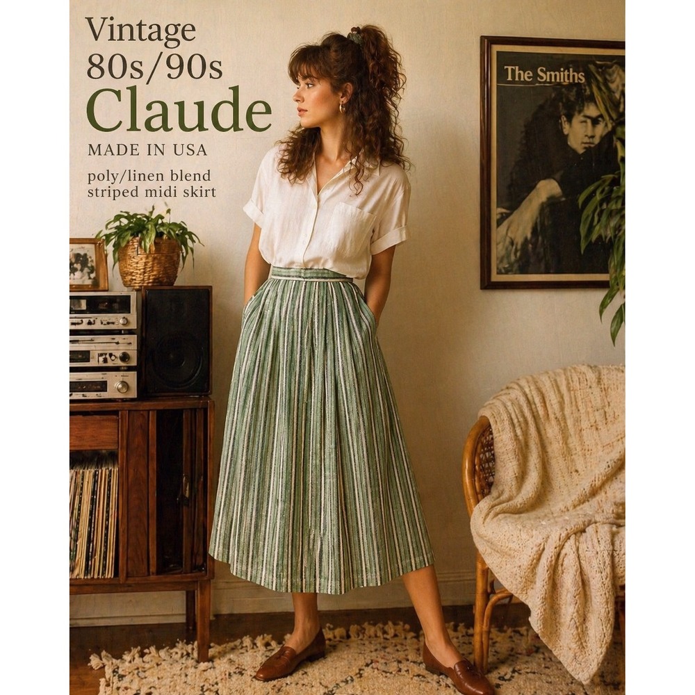 Vintage Claude Green‎ Striped Linen Blend Midi Skirt Made in USA Womens 9/10